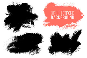 Vector set of big hand drawn brush strokes with splashes, stains for backdrops. Monochrome design elements set. One color monochrome artistic hand drawn backgrounds various shapes.