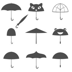 Set of ten isolated black and white umbrella silouette icons