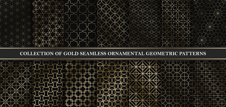 Collection Of Art Deco Vector Geometric Patterns - Seamless Luxury Gold Gradient Design. Rich Endless Ornamental Backgrounds