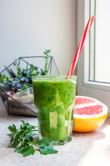 Cocktails verts au pamplemousse pour le petit déjeuner sur fond de succulentes

