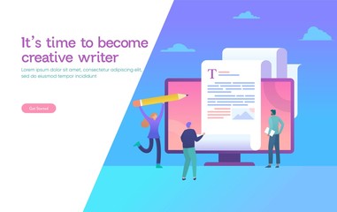 copywriter, copywriting  vector illustration concept, freelance blogger writing on blank paper and work with laptop and pencil, can use for, landing page, template, ui, web, homepage, poster, banner,