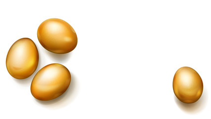 Realistic golden Easter eggs with shadows on white background