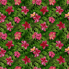 Beautiful floral tropical seamless pattern for wallpaper or fabric. Design for wallpapers, textiles, fabrics, wrapping paper. Pattern with flowers and leaves. Handmade watercolour painting.
