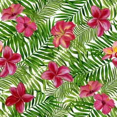 Fototapeten Tropisches Blätteraquarell handgemalt. Nahtloses Muster mit tropischen Blättern für Stoff, Tapete, Packpapier usw. © Nadezhda St.