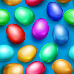 Seamless pattern of realistic colored Easter eggs with shadows on light blue background