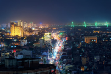 Hanoi Vietnam aerial cityscape view at night. City urban skyline of old town district