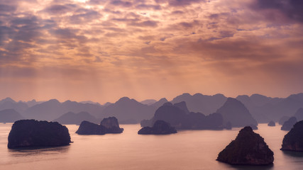 Ha Long Bay Vietnam. Aerial panoramic view. Famous travel nature destination. Green mountains in the water. Islands landscape at Halong