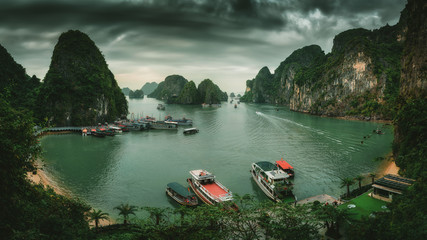 Ha Long Bay Vietnam. Aerial panoramic view. Famous travel nature destination. Green mountains in...