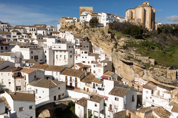 Houses built into rock Setenil de las Bodegas, village of Cadiz, Andalusia, Spain