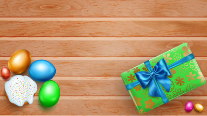 Realistic colored Easter eggs, tasty cake and beautiful gift box with bow on wooden planks