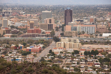 Naklejka premium Overhead view of downtown Tucson business district, the only tall buildings in the sprawling desert city
