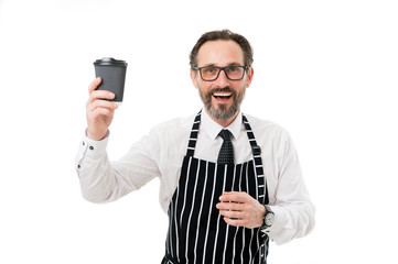 Enjoying fresh coffee. Inspired with cup of fresh coffee. Business on the go. Happy bearded man...