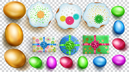 Fototapeta na wymiar Set of realistic golden and colored Easter eggs, cakes and gift boxes with soft shadows on transparent background