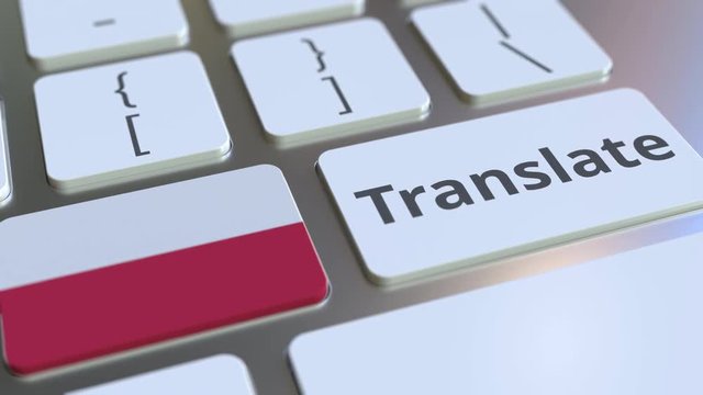 TRANSLATE text and flag of Poland on the buttons on the computer keyboard. Conceptual 3D animation
