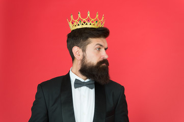 vip. Big boss. Formal event. King crown. Formal wear male fashion. Egoist. Businessman in tailored...