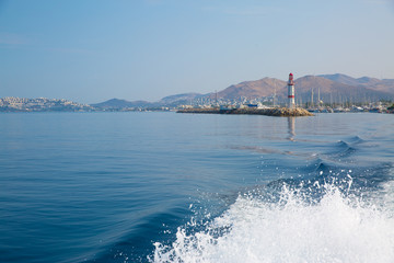 Boat trip to Bodrum, Turkey. Beautiful view to Mediterranean sea and lighthouse. View from boat. 