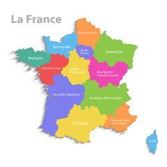 France map, new political detailed map, separate individual regions, with state names, isolated on white background 3D vector