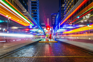 METRORail light trails in downtown Houston