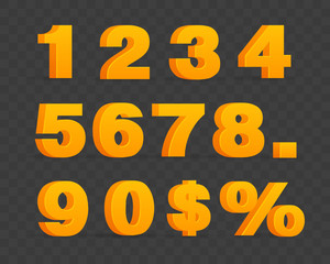 Set of volumetric shiny numbers and percent sign. Orange numbers set, 3d objects. 1, 2, 3, 4, 5, 6, 7, 8, 9, 0. Vector illutration.