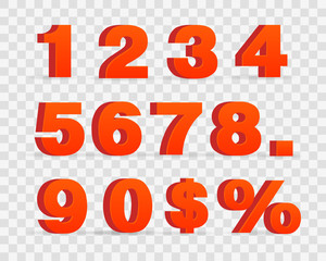 3D Red Metallic Letter. 0, 1, 2, 3, 4, 5, 6, 7, 8, 9 numeral alphabet. Vector Isolated Number