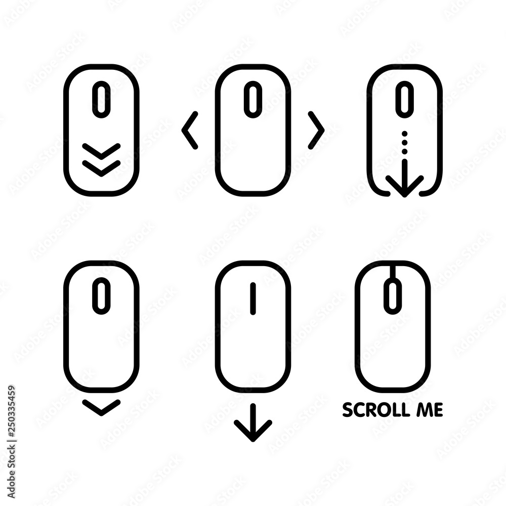 Poster scroll down and up icon set. pointer moves, interface development for users. vector line art illustr