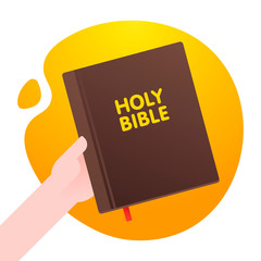 Man Hold Holy Bible in His Hand, Life Foundation Bible in the iSolated orange abstract shape Background. Flat Vector