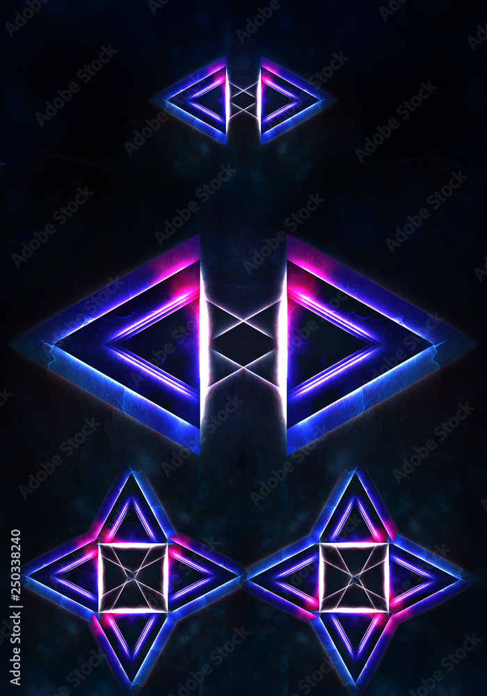 Poster abstract artistic unique multicolored triangles connected on a foggy background