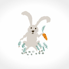 Hare on a carrot bed. Hand draw doodle vector illustration.