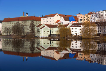 Sunny winter royal medieval Town Pisek above the river Otava, Czech Republic 