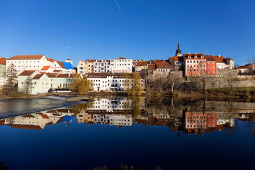 Obraz premium Sunny winter royal medieval Town Pisek with the Castle above the river Otava, Czech Republic 