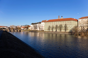 Sunny winter royal medieval Town Pisek above the river Otava, Czech Republic 