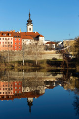 Plakat Sunny winter royal medieval Town Pisek with the Castle above the river Otava, Czech Republic 
