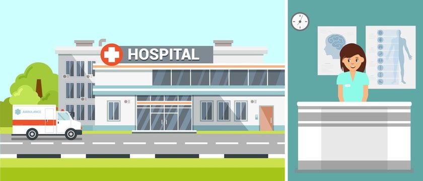 Hospital Exterior and Ambulance Flat Illustration