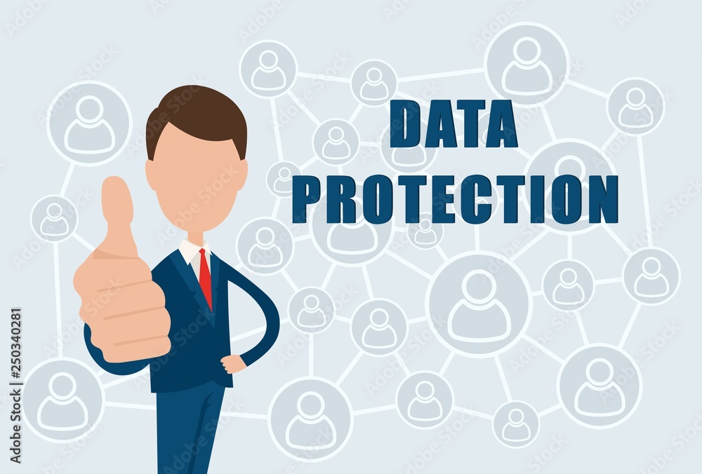 Poster data protection text on the background of the sign of the social internet network.