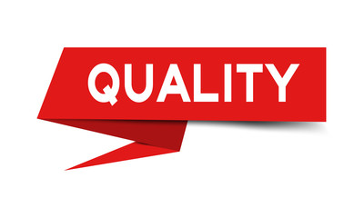 Red paper speech banner with word quality on white background (Vector)