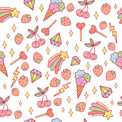 Cute doodle pattern with ice cream, cherry, stars, diamonds etc. Pastel colors. Vector illustration