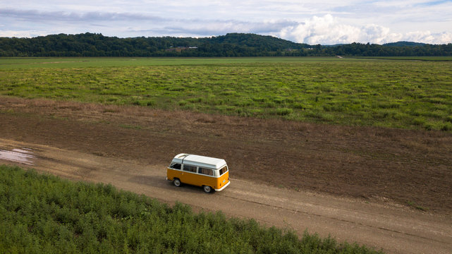 Orange White Westfalia Camper Bus Type 2 Aerial