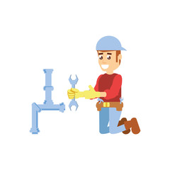 construction worker with wrench tool and pipeline