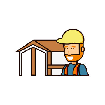 construction worker with wooden house structure