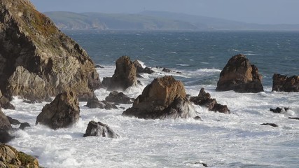 Footage of waves crashing on the California shore near San Francisco in Bodega Bay.