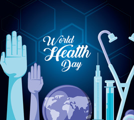 world health day card with hands up and set icons