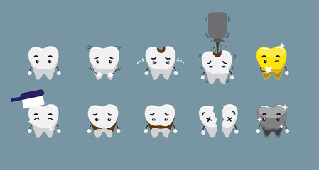 Obraz premium Cute Teeth Cartoon Various Poses Action Vector Illustration