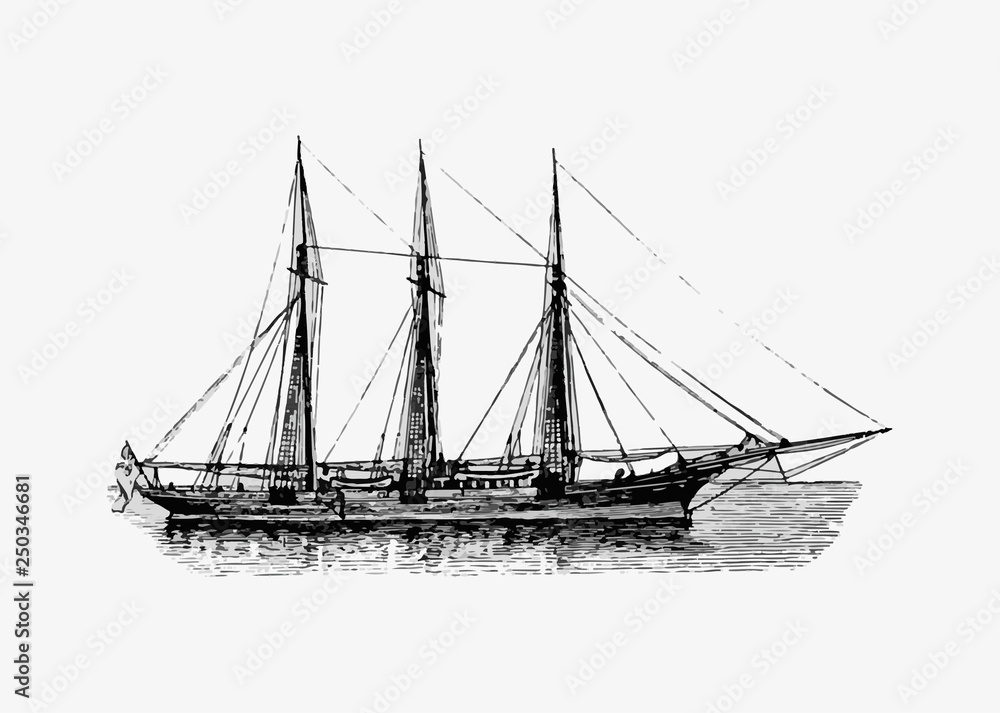 Wall mural Ship at sea vintage drawing