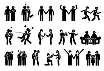 Happy gay men couple. Illustrations depict homosexual relationship between two gay man.