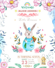 Cute happy birthday card with cartoon Bunny. Watercolor rabbit clip art and beauty boho pink flowers, floral. lamp light and leaf for Happy Easter on white background