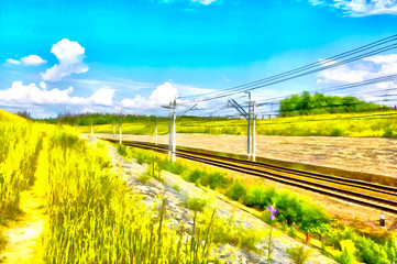 Landscape. Railroad in rural area in summer. Digital painting.