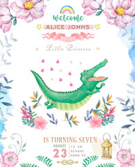 Happy birthday card with cute Croc Dandy Watercolor animal. Cute baby greeting card. Boho flowers and floral bouquets Happy Birthday set. Watercolor greeting baby clip art on white background.