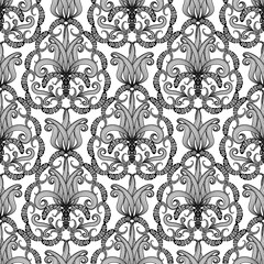 Paisley ornamental floral black and white greek vector seamless pattern. Hand drawn flourishes vintage design. Greek key meanders ornament. Arabesque style oriental line art tracery flowers background