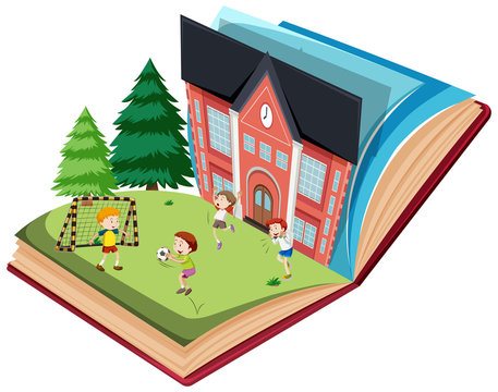 Children playing football on open book template
