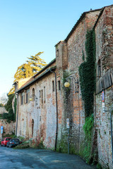 old ivy red brick houses in medieval Certaldo old town, Tuscany, Italy